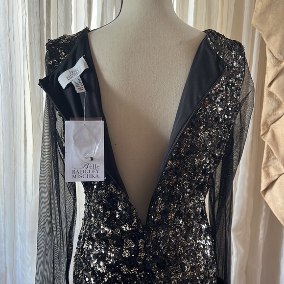 Belle Bagley Mischka Black Sequin Winola Sheath Stretch Evening Dress Size 14 - Picture 7 of 13
